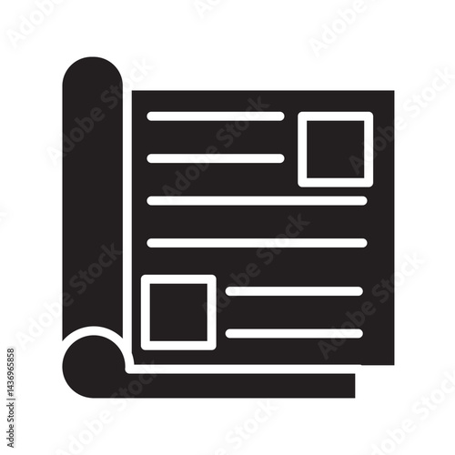 flat black newspaper icon on white background