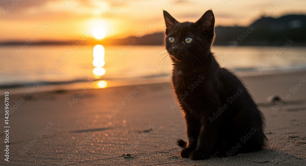 Obraz premium Black cat sitting on sandy beach during sunset with green eyes gazing at camera
