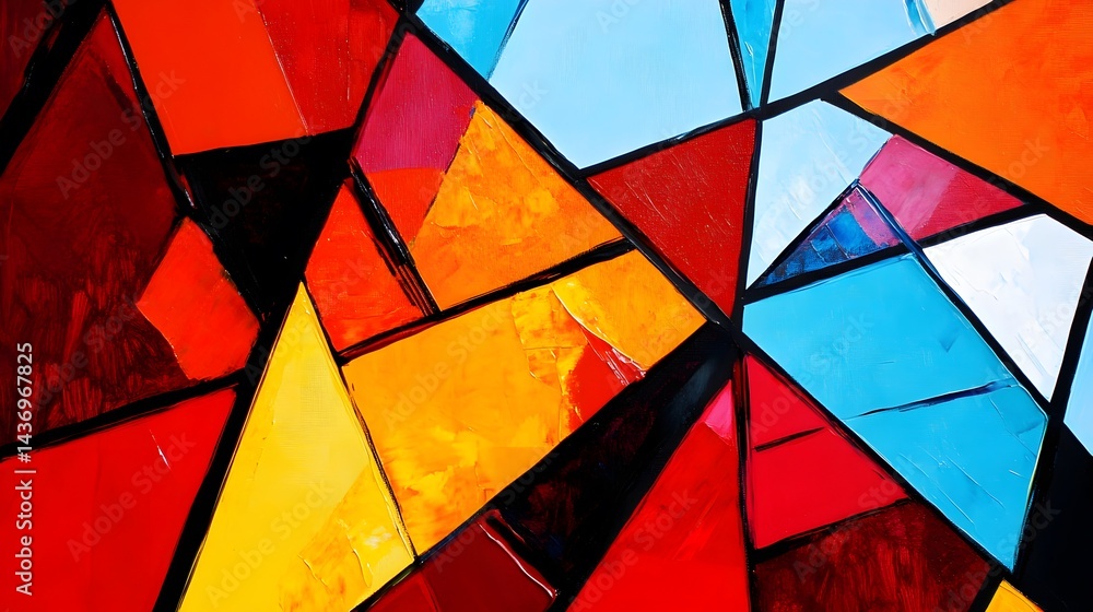 Fototapeta premium Abstract Geometric Oil Painting Red Orange Blue Yellow