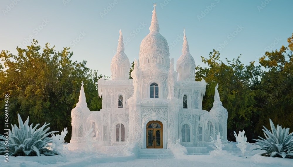 Fototapeta premium Ornate ice palace sculpture with domes and icicles in winter landscape