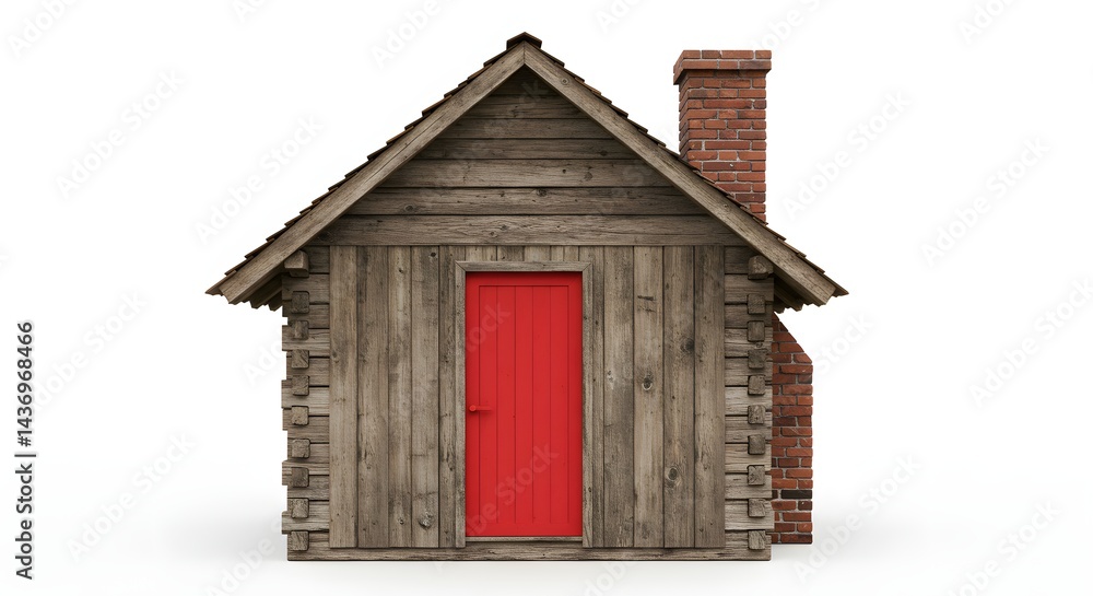 A small wooden cabin with a red door and a brick chimney on a white background in a studio shot A small wooden cabin with a red door and a brick chimney on a white background in a studio shot