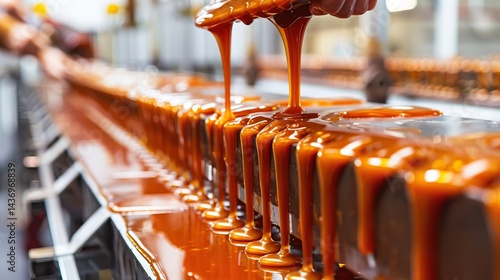 Caramel pouring over a production line of desserts in a factory