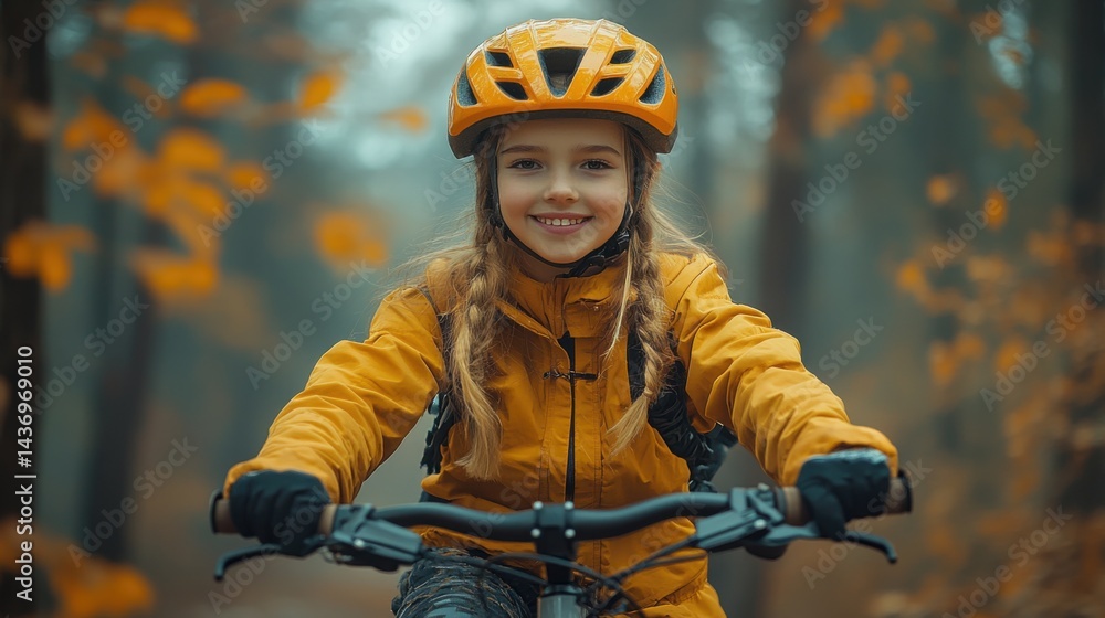 Joyful Girl Cycling Through Autumn Forest with Orange Helmet Joyful Girl Cycling Through Autumn Forest with Orange Helmet