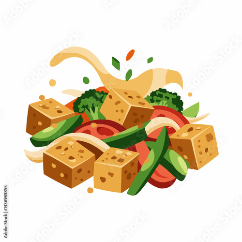 Cubed tofu with a splash of sauce and fresh vegetables like broccoli and tomatoes
