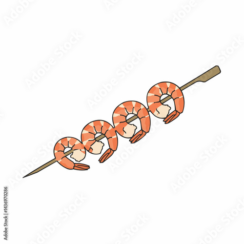 Shrimp skewer with orange and white details on a brown stick over white
