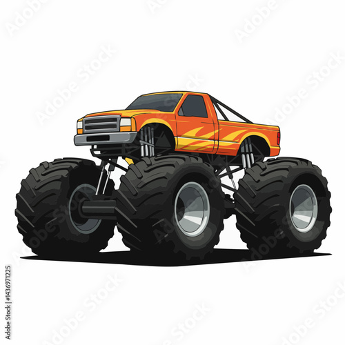 Vivid orange monster truck with black tires and yellow flames racing across the scene