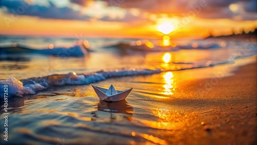 Tiny Paper Boat on Sandy Beach, Ready for Adventure - Miniature Tilt-Shift Photography
