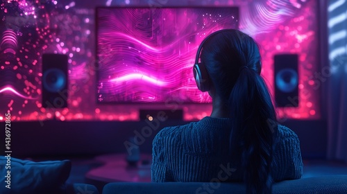 Woman Watching Pink Neon Video on Large Screen in Dark Room