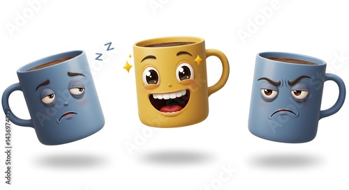 Three cartoon coffee mugs with different expressions on a white background in a studio shot