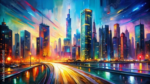 Vibrant Cityscape Abstract: Long Exposure Skyscrapers Painting