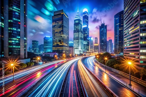 Vibrant Cityscape Night Photography: Bokeh Light Trails & Skyscrapers