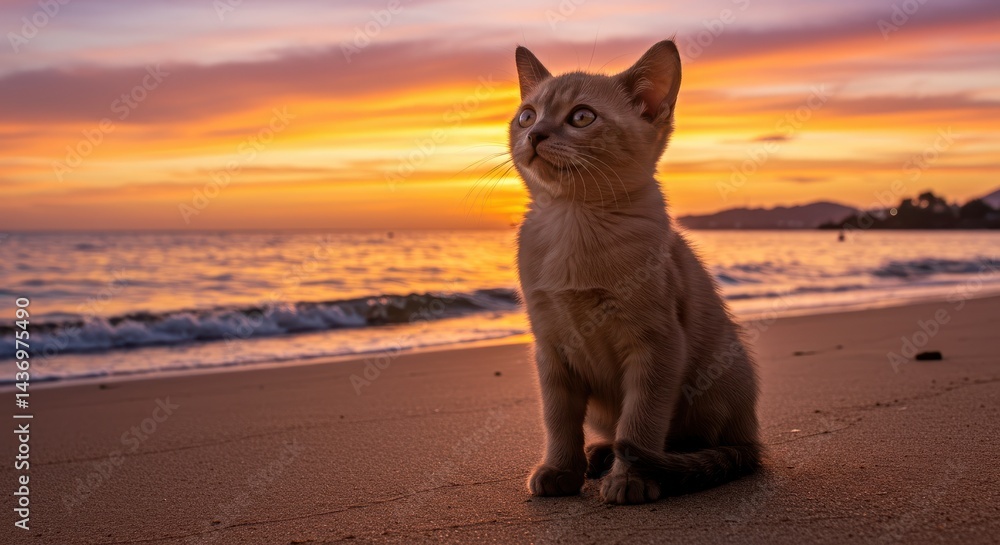 Obraz premium Light brown cat with white chest and paws sitting on beach at sunset