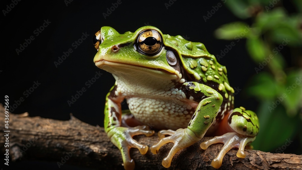 Green Tree Frog on Branch – Nocturnal Amphibian in Natural Habitat Green Tree Frog on Branch – Nocturnal Amphibian in Natural Habitat