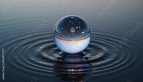 Glass Sphere Reflecting Universe on Calm Water
