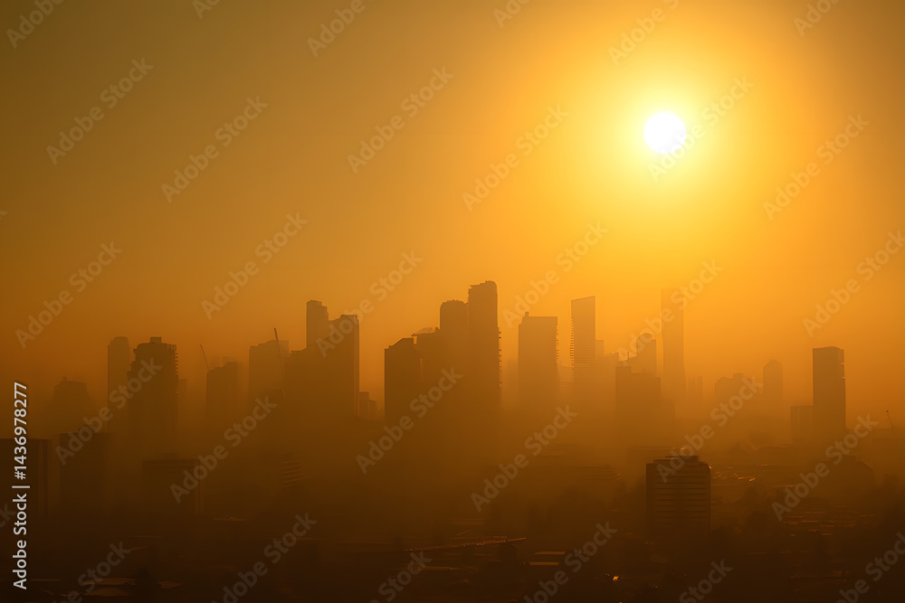 Modern urban skyline rises under burning golden sky with thick warm haze during intense heatwave Modern urban skyline rises under burning golden sky with thick warm haze during intense heatwave
