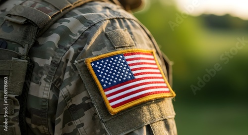 Close-up of U. S. military uniform with American flag patch. Soldier detail, national emblem. Represents patriotism, honor, commitment. Blurred background. Symbol of nation pride, service to country