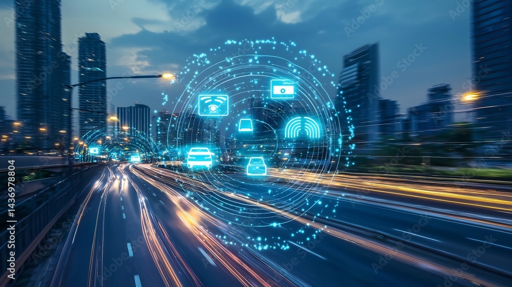 Naklejka premium Smart City Technology on Highway at Dusk