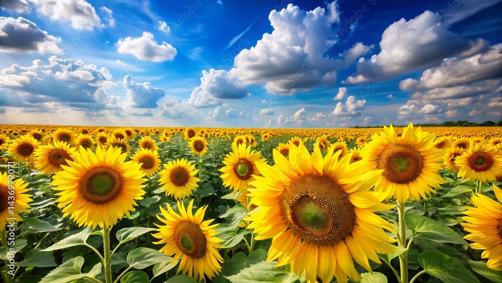 Fototapeta premium Vibrant Sunflower Field at Summer Sunset, Blooming Flowers, Golden Hour Landscape