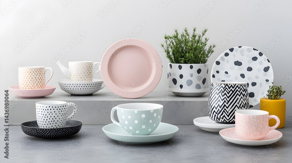 Fototapeta premium Stylish Polka Dot Teacups Saucers Plates Coffee Mugs Home Decor