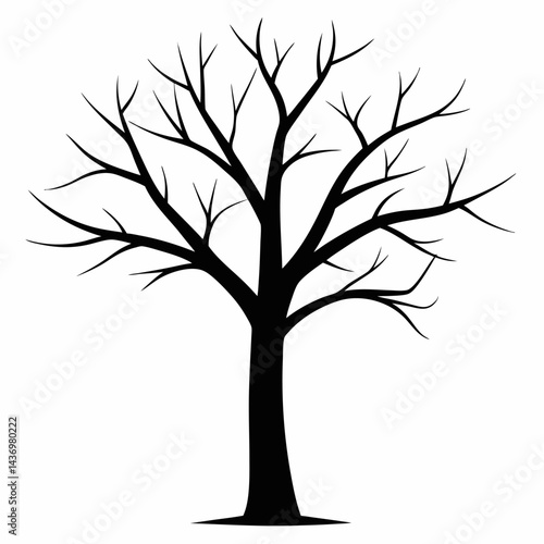 Single bare, leafless tree with empty black branches vector on white background.