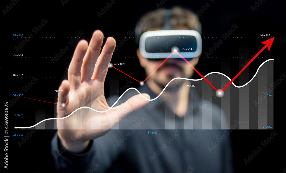 Fototapeta premium Business Professional Using Virtual Reality Technology to Analyze Data Charts and Trends for Innovative Decision Making and Strategic Planning