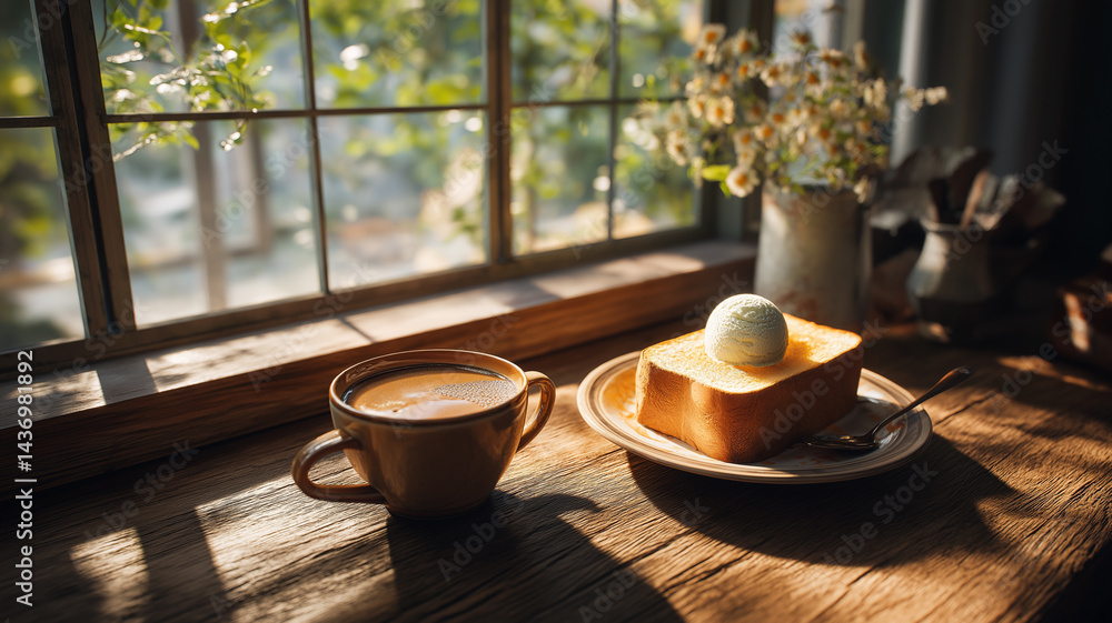 Obraz premium 優しい陽光と木の温もりに包まれたカフェテーブル｜アイスクリームトーストとカフェラテが演出する癒しのモーニングシーンを描いたイラスト素材