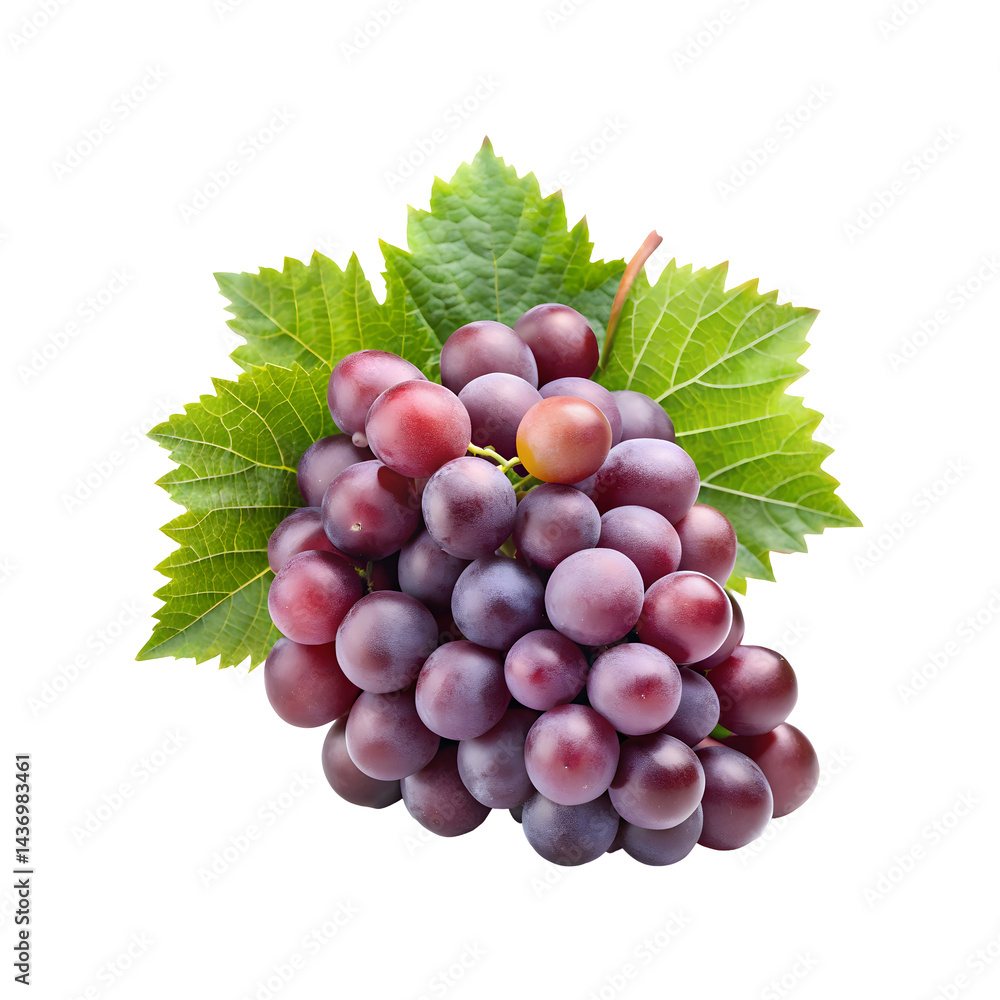 Obraz premium A bunch of grapes with a leaf on it on a transparent background