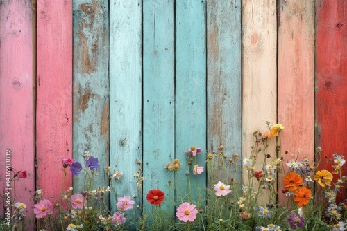 Colorful wooden fence backdrop with vibrant cosmos flowers blooming at the bottom, creating a rustic, charming scene.