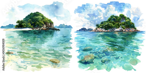 secluded island with clear waters watercolor vector illustration