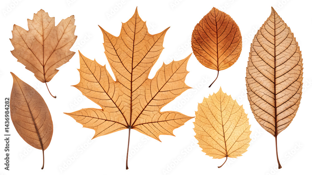 Fototapeta premium Golden Leaves in Autumn's Embrace: A close-up of stunning collection of autumn leaves in varied shapes and warm hues. Featuring a detailed exploration of each leaf's textures and structures.