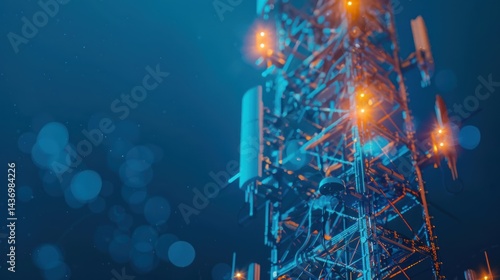 Abstract antenna mast on blue. 5G technology, telecommunication industry, telecom network, broadcast television, cell phone, 5G telecommunication, city communication, LTE transmitter concept