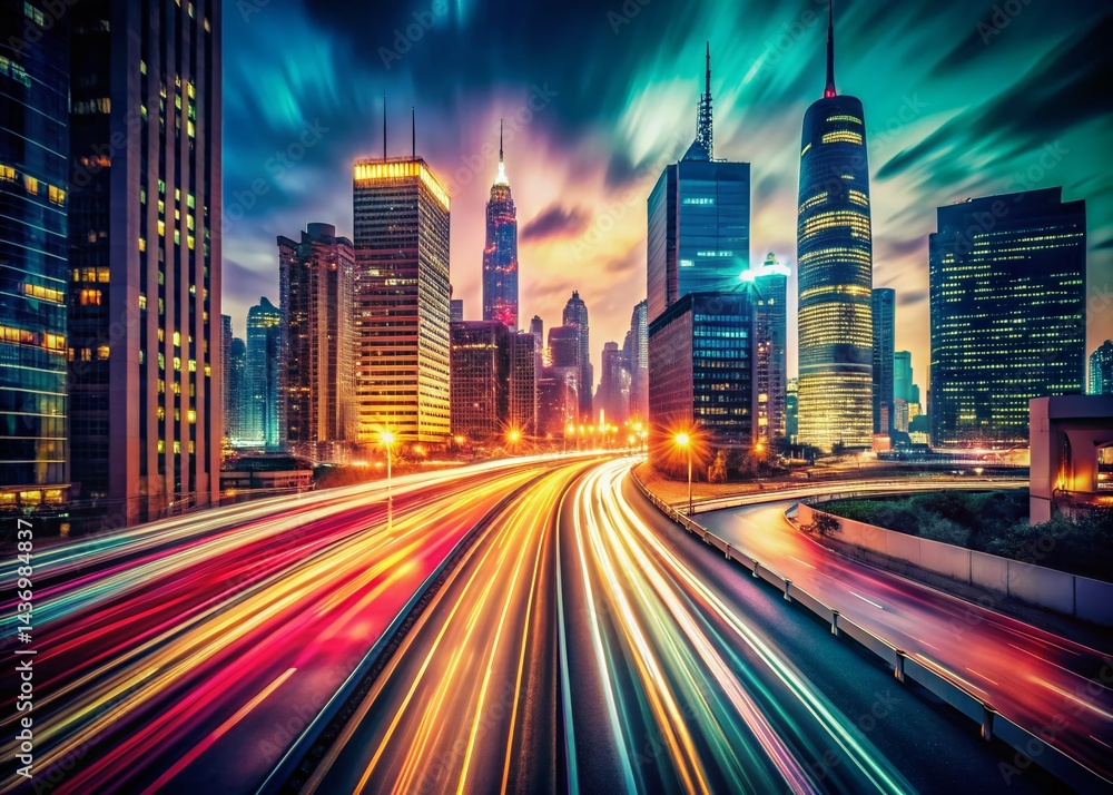 Fototapeta premium Vintage Night City Highway Speed Blur Lights, 3D Render Stock Photo