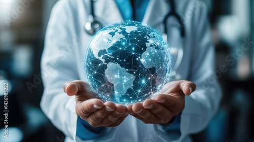 Global healthcare connectivity: Doctor holding interconnected digital earth
