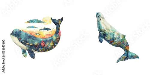 silhouette beluga with underwater scene inside watercolor vector illustration