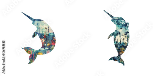 silhouette narwhal with underwater scene inside watercolor vector illustration