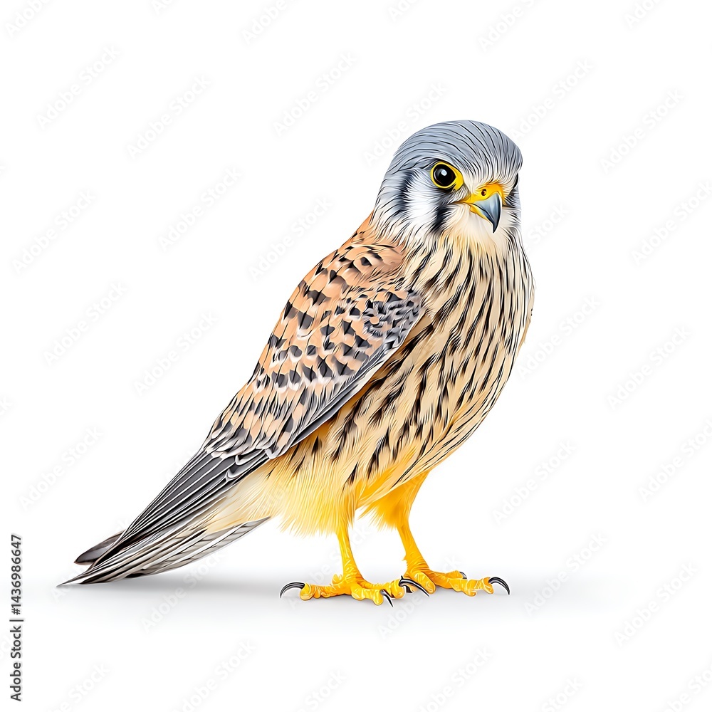 Fototapeta premium A small, brown, and gray falcon with yellow legs and a distinctive facial pattern stands on a white background