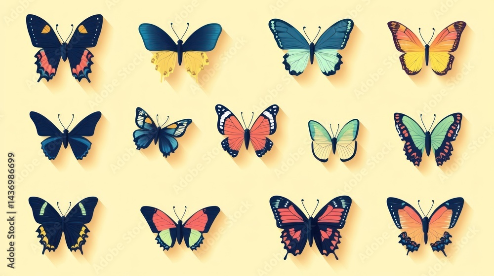 Fototapeta premium Assorted butterfly collection, graphic design use, flat lay, yellow background