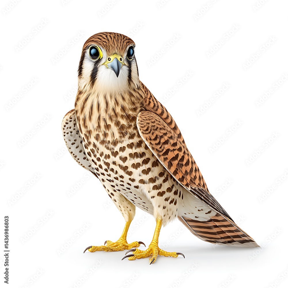 Obraz premium A small, brown and white falcon with a sharp beak and yellow feet, standing on a white background
