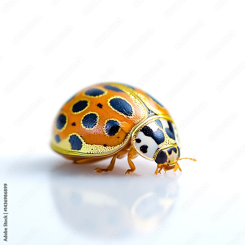 Fototapeta premium A vibrant orange ladybug with black and white spots, perched on a white surface