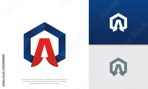 Hexagon Arrow Letter A. Modern and dynamic logo featuring the letter A formed by an upward-pointing arrow, enclosed within a geometric hexagon shape. Suitable for technology, finance, and growth