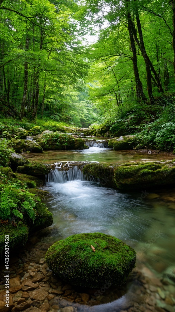 Tranquil forest stream cascading over mossy rocks. Lush green trees. Possible use for nature wallpaper or background Tranquil forest stream cascading over mossy rocks. Lush green trees. Possible use for nature wallpaper or background
