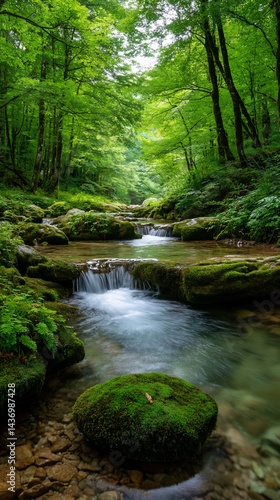 Tranquil forest stream cascading over mossy rocks. Lush green trees. Possible use for nature wallpaper or background