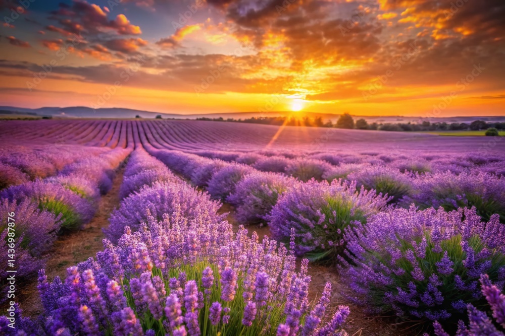 Obraz premium Vintage Sunset Lavender Field: Serene Purple Flowers in Golden Hour Light