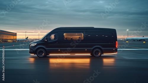 Black airport shuttle van at twilight