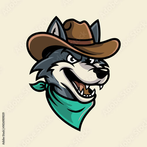Cartoon Wild Wolf Animal Mascot Illustration Wearing Cowboy Hat and Bandana for Western Theme
