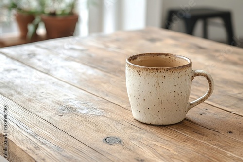 Wallpaper Mural A speckled ceramic mug sits on a rustic wooden table, with potted plants in the background. Torontodigital.ca