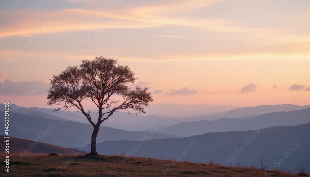 Obraz premium Solitary tree stands against pastel sky, surrounded by rolling hills and distant mountains, evoking sense of tranquility and peace in nature embrace