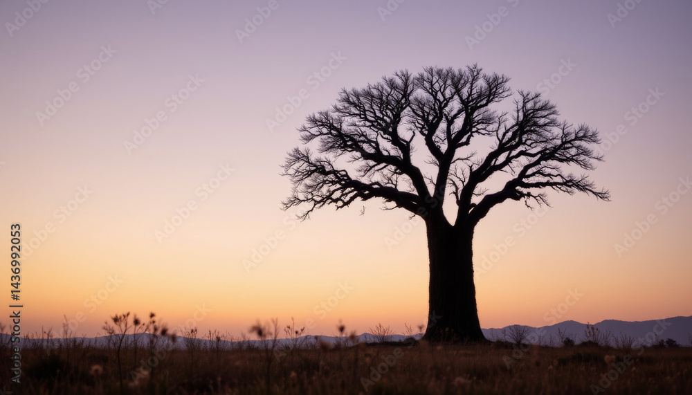 Fototapeta premium Solitary tree stands against serene sunset, its bare branches silhouetted against colorful sky, evoking sense of tranquility and reflection