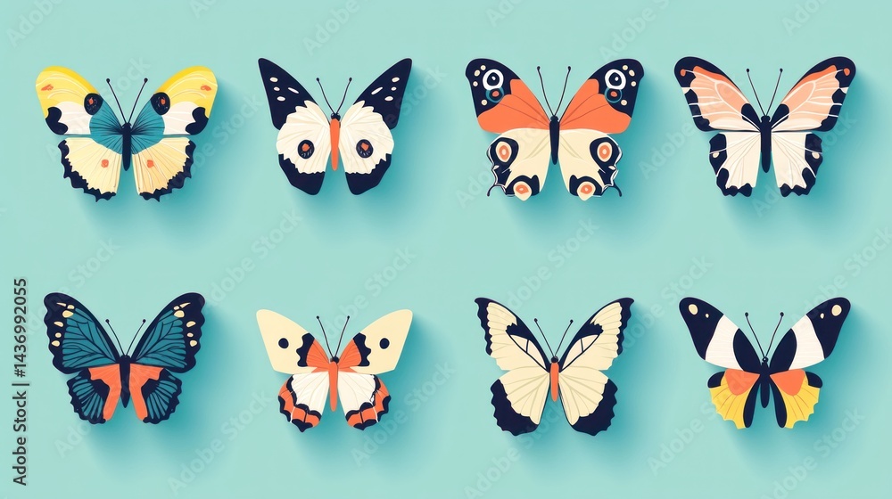 Fototapeta premium Colorful butterflies on blue background, nature design, graphic