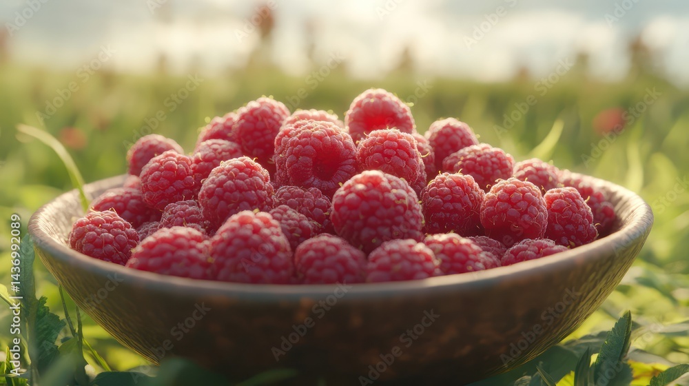 Fresh raspberries in bowl on grassy field Fresh raspberries in bowl on grassy field